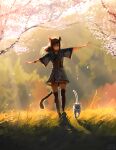  1girl absurdres animal animal_ears black_thighhighs cat cat_ears cat_tail cherry_blossoms facial_mark falling_petals final_fantasy final_fantasy_xiv full_body grass highres long_hair miqo&#039;te outdoors outstretched_arms petals safaiaart smile spread_arms sunlight tail thigh-highs tree walking 
