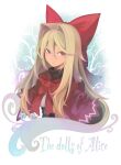 1girl :/ absurdres bangs blonde_hair bow bowtie capelet commentary corset english_text hair_between_eyes hair_bow hair_intakes highres hourai_doll large_bow long_hair looking_at_viewer morino_hon red_bow red_bowtie red_capelet serious sidelocks solo touhou turtleneck upper_body v-shaped_eyebrows very_long_hair violet_eyes 