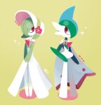  bangs bonnet cape capelet chirosamu closed_mouth commentary_request full_body gallade gardevoir green_hair pokemon pokemon_(game) pokemon_unite red_eyes smile sparkle standing white_headwear yellow_background 