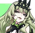  1girl bangs black_gloves claw_ring crown earrings gloves green_background green_eyes green_hair highres honkai_(series) honkai_impact_3rd jewelry long_hair looking_at_viewer mobius_(honkai_impact) single_earring slit_pupils sohu75su0n solo tongue tongue_out two-tone_background upper_body wavy_hair white_background 