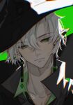  1boy bishounen chromatic_aberration collared_shirt earrings green_eyes grey_hair hat highres jewelry kaiyijiu422 male_focus mischief_witch mole mole_under_mouth pointy_ears shirt short_hair sky sky:_children_of_the_light solo stud_earrings tassel tassel_earrings white_hair witch_hat 