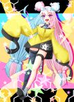 bow-shaped_hair character_hair_ornament grey_pantyhose hair_ornament hexagon_print iono_(pokemon) jacket leon_no_neko long_hair low-tied_long_hair multicolored_hair oversized_clothes pantyhose pokemon pokemon_(game) pokemon_sv sharp_teeth single_leg_pantyhose sleeves_past_fingers sleeves_past_wrists split-color_hair teeth twintails very_long_sleeves x yellow_jacket