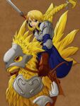 1girl agrias_oaks armor blonde_hair blue_eyes braid braided_ponytail breastplate brown_background brown_gloves chocobo final_fantasy final_fantasy_tactics gloves highres holding holding_reins holding_sword holding_weapon long_hair open_mouth ponytail reins riding shoulder_armor simple_background sword teeth upper_teeth weapon yuuk33 
