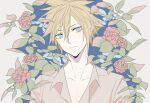  1boy beicorainvii blonde_hair blue_eyes closed_mouth cloud_strife collared_shirt final_fantasy final_fantasy_vii floral_background flower hair_between_eyes leaf looking_at_viewer male_focus open_collar red_flower shirt short_hair solo spiky_hair upper_body white_shirt 
