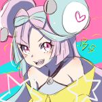  1girl :d ame-chan_(mn7id) bare_shoulders blue_hair bow-shaped_hair eyelashes halterneck heart iono_(pokemon) light_blue_hair long_hair magnemite multicolored_hair one-eyed open_mouth pink_eyes pink_hair pokemon pokemon_(creature) pokemon_(game) pokemon_sv screw sharp_teeth smile star_(symbol) star_in_eye symbol_in_eye teeth two-tone_hair upper_body v-shaped_eyebrows 