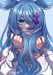  1girl absurdres artist_name blue_background blue_eyes blue_hair blush commentary craymer elira_pendora hair_over_one_eye highres holding holding_hair long_hair looking_at_viewer mole nijisanji nijisanji_en off_shoulder one_eye_covered portrait smile solo sweater symbol-only_commentary virtual_youtuber white_sweater 