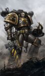  1boy absurdres angry armor armored_boots bald bayonet bolter boots chain chainsword chaos_(warhammer) chaos_space_marine claw_(weapon) evil full_armor full_body grey_sky gun hazard_stripes highres holding holding_gun holding_weapon hook iron_warriors looking_at_viewer military open_mouth outdoors pauldrons red_eyes rubble shoulder_armor shoulder_spikes skull_ornament smoke solo space_marine spikes standing teeth trolljuncha warhammer_40k weapon 