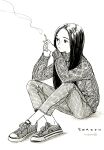  1girl bangs cigarette denim emanon_(character) freckles greyscale highres jeans knit_sweater kokudou_juunigou long_hair memories_of_emanon monochrome pants parted_bangs shoes sitting sneakers solo white_background 