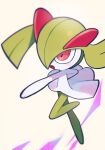  :o blurry blush chirosamu colored_skin commentary floating_hair green_hair highres kirlia open_mouth outstretched_arm pokemon pokemon_(creature) red_eyes solo symbol-only_commentary tongue twintails white_skin 