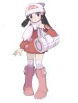  1girl bag beanie black_hair boots closed_mouth coat commentary_request duffel_bag full_body gogot grey_eyes hair_ornament hairclip hand_up hat highres hikari_(pokemon) long_hair long_sleeves looking_at_viewer over-kneehighs pink_footwear pokemon pokemon_(game) pokemon_dppt pokemon_platinum red_coat scarf simple_background smile solo thigh-highs white_background white_bag white_headwear white_scarf 