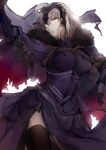  1girl absurdres arm_up armor armored_dress bangs black_gloves black_thighhighs breasts cape chain cowboy_shot cross dress fate/grand_order fate_(series) flag fur-trimmed_cape fur_trim gloves grey_hair hair_between_eyes headpiece highres jeanne_d&#039;arc_alter_(avenger)_(fate) jeanne_d&#039;arc_alter_(fate) jinkoshi_itori large_breasts long_sleeves looking_at_viewer parted_lips purple_cape purple_dress short_hair side_slit simple_background smirk solo thigh-highs torn_cape torn_clothes white_background yellow_eyes 