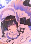  1girl 43_pon bangs black_bow black_hair bonnet book bow dress flower frills glasses gloves highres lolita_fashion long_sleeves looking_at_viewer loupe lying on_stomach original pink_eyes shoes smile solo white_dress white_gloves 