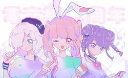  3girls animal_ears bangs beret blue_eyes bow braid denonbu double_bun grey_hair hair_bow hair_bun hair_ornament hairpin hat highres inubousaki_shian long_hair looking_at_viewer minakami_hina multiple_girls open_mouth orange_hair paint paintbrush pink_eyes purple_hair rabbit_ears sakurano_mimito shirt smile standing teko_(tkmr_c5) twin_braids twintails upper_body v violet_eyes 