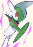  bangs blurry chirosamu closed_mouth colored_skin commentary energy gallade green_hair highres looking_back pokemon pokemon_(creature) red_eyes solo standing symbol-only_commentary white_skin 