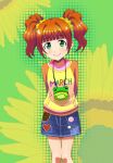  1girl arms_behind_back bag bangs denim denim_skirt green_eyes handbag heart idolmaster idolmaster_(classic) miniskirt orange_hair pin skirt smile solo sweater takatsuki_yayoi twintails zabuneko 