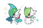  bangs chibi chirosamu closed_mouth colored_skin commentary_request gallade gardevoir green_hair legs_apart mega_gallade mega_gardevoir mega_pokemon pokemon pokemon_(creature) red_eyes simple_background sparkle standing white_background white_skin 