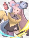  1girl ;d bare_shoulders black_coat black_pants blue_hair bow-shaped_hair braid coat cowboy_shot halterneck hexagon_print highres honeycomb_(pattern) honeycomb_background iono_(pokemon) legs_apart light_blue_hair long_hair long_sleeves looking_at_viewer low-tied_long_hair magnemite magnet multicolored_coat multicolored_hair one-eyed one_eye_closed open_mouth pants pantyhose pink_hair pokemon pokemon_(creature) pokemon_(game) pokemon_sv purple_pantyhose rotom rotom_phone screw sharp_teeth shiina_(shi_na073) silhouette single_leg_pantyhose skindentation sleeves_past_fingers sleeves_past_wrists smile standing star_(symbol) star_print teeth thigh_strap twintails two-tone_coat two-tone_hair very_long_hair yellow_coat 