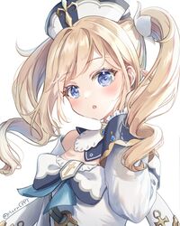  1girl artist_name bangs barbara_(genshin_impact) blonde_hair blue_eyes blue_gemstone blush bow breasts collar commentary cross detached_collar detached_sleeves dress frilled_dress frills gem genshin_impact haru.cp hat latin_cross looking_at_viewer small_breasts solo swept_bangs twintails upper_body white_background white_bow white_collar white_dress white_headwear white_sleeves 