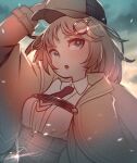  1girl :o bangs blonde_hair blue_eyes blue_sky brown_coat clouds cloudy_sky coat deerstalker detective hair_ornament hat highres hololive hololive_english looking_at_viewer monocle_hair_ornament necktie open_mouth outdoors red_necktie shirt sky solo tenbin_777 upper_body virtual_youtuber watson_amelia white_shirt 