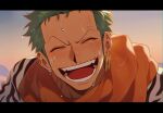  1boy arabian_clothes blush closed_eyes earrings green_hair happy highres jewelry one_piece open_mouth outdoors qin_(7833198) roronoa_zoro smile solo upper_body water_drop wet 