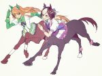  2girls animal_ears asakura_404 bangs blunt_bangs bow braid breasts brown_hair centaur closed_mouth commentary_request ear_bow ear_covers flat_chest full_body gloves green_eyes green_gloves hair_between_eyes hair_ornament hairband highres hime_cut horse_ears horse_tail long_hair long_sleeves looking_at_another monster_girl monsterification multicolored_hair multiple_girls orange_hair pleated_skirt running shirt short_hair short_sleeves sidelocks silence_suzuka_(umamusume) simple_background skirt sleeve_cuffs small_breasts smile special_week_(umamusume) sweat tail taur two-tone_hair umamusume violet_eyes white_background white_hair white_hairband white_shirt white_skirt 