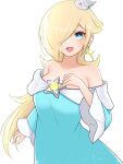  1girl :d aqua_dress bangs bare_shoulders blonde_hair blue_eyes blush collarbone commentary_request crown dress earrings eyelashes frilled_sleeves frills hair_over_one_eye hand_on_own_chest hand_up highres jewelry long_hair long_sleeves looking_at_viewer off-shoulder_dress off_shoulder one_eye_covered open_mouth parted_bangs rosalina shiny shiny_hair sidelocks simple_background single_earring smile solo standing star_(symbol) star_earrings super_mario_bros. super_mario_galaxy swept_bangs tomatomiya very_long_hair white_background wide_sleeves 