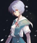  1girl absurdres arms_at_sides ayanami_rei black_background blue_dress blue_hair breasts closed_mouth collared_shirt dress hair_between_eyes highres looking_at_viewer medium_breasts neck_ribbon neon_genesis_evangelion pinafore_dress red_eyes red_ribbon ribbon school_uniform shirt short_hair short_sleeves solo tokyo-3_middle_school_uniform upper_body white_shirt whither_laws 