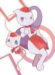  apron aqua_eyes blush_stickers chirosamu closed_mouth commentary frown hand_on_hip hat hatted_pokemon highres mew mewtwo poke_ball_print pokemon pokemon_cafe_mix red_headwear smile symbol-only_commentary violet_eyes waist_apron 