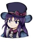  1other androgynous ascot blue_coat blue_headwear bow clause coat collared_shirt hat hat_bow highres len&#039;en long_hair purple_hair purple_shirt shirt smile soldierburger solo top_hat upper_body violet_eyes white_ascot 