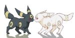  albino alternate_color black_fur commentary_request eye_contact from_side full_body highres leg_up looking_at_another no_humans oimo_kenpi pokemon pokemon_(creature) red_eyes standing umbreon white_background white_fur 