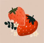  commentary english_commentary flower food food_focus fruit grey_background highres leaf libbyframe no_humans original plant signature simple_background still_life strawberry white_flower 