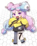  1girl :d black_coat blue_hair bow-shaped_hair braid chibi coat full_body grey_footwear grey_pantyhose halterneck highres honeycomb_(pattern) honeycomb_background iono_(pokemon) legs_apart light_blue_hair long_hair long_sleeves looking_at_viewer low-tied_long_hair magnemite magnet multicolored_coat multicolored_eyes multicolored_hair no_nose one-eyed open_mouth outline pantyhose pink_eyes pink_hair pokemon pokemon_(creature) pokemon_(game) pokemon_sv rudo_(rudo_hmzn) screw sharp_teeth single_leg_pantyhose sleeves_past_fingers sleeves_past_wrists smile star_(symbol) star_print teeth thigh_strap two-tone_coat two-tone_hair v-shaped_eyebrows very_long_hair violet_eyes white_outline yellow_coat yellow_eyes 