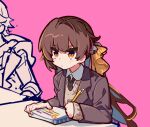  1girl 1other bangs brown_jacket brown_necktie brown_vest closed_mouth collared_shirt hair_ornament holding holding_pencil honkai_(series) honkai_impact_3rd jacket li_sushang long_hair long_sleeves meadow_(morphinecaca) necktie notebook pencil pink_background school_uniform shirt simple_background table vest white_shirt 