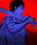  1boy armor bandaged_hand bandages berserk black_hair closed_mouth commentary_request from_side greatsword guts_(berserk) highres holding holding_sword holding_weapon huge_weapon limited_palette looking_to_the_side male_focus nisino2222 over_shoulder red_background scar scar_on_face scar_on_nose short_hair shoulder_armor simple_background solo spiky_hair sword sword_over_shoulder weapon weapon_over_shoulder 
