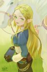  1girl animal blonde_hair blue_shirt brown_gloves brown_pants fingerless_gloves gloves grass green_eyes hair_ornament hairclip highres holding horse long_hair open_mouth outdoors pants phina_(jinahou) pointy_ears princess_zelda sheikah_slate shirt solo the_legend_of_zelda the_legend_of_zelda:_breath_of_the_wild thick_eyebrows white_horse 