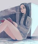  1girl bangs black_hair book cigarette desk emanon_(character) freckles highres holding holding_book indoors knit_sweater kokudou_juunigou leaning_on_object long_hair memories_of_emanon no_pants on_floor parted_bangs reading sitting smoking solo 