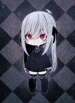  1girl :&lt; ahoge argyle argyle_background bat_ornament black_dress black_ribbon boots chibi cross-laced_footwear dress fishnet_thighhighs fishnets full_body gothic grey_hair hair_between_eyes hair_ribbon highres long_hair mearylis_(yamanasi_mikage) original pale_skin red_eyes ribbon sleeves_past_wrists solo thigh-highs thigh_boots thighhighs_under_boots very_long_hair yamanasi_mikage zettai_ryouiki 