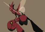  brown_background commentary from_behind highres horns looking_back no_humans oimo_kenpi orange_eyes pokemon pokemon_(creature) scizor simple_background solo wings 