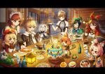  &gt;_&lt; 2boys 3d_background 6+girls :3 :d ;d absurdres aether_(genshin_impact) amber_(genshin_impact) animal_ears backpack bag bangs bangs_pinned_back birthday_cake black_gloves blurry braid brown_eyes brown_gloves brown_hair brown_scarf cabbie_hat cake cat_ears cat_girl character_request clover_print coat commentary commentary_request depth_of_field diona_(genshin_impact) elbow_gloves english_commentary fish-flavored_toast flower food fried_egg genshin_impact gloves goggles goggles_around_neck gradient_hair grin hair_between_eyes hair_ribbon hairband halo hat hat_feather hat_flower hat_ornament highres klee_(genshin_impact) kon888 light_brown_hair long_hair long_sleeves looking_at_viewer low_ponytail low_twintails mechanical_halo multicolored_hair multiple_boys multiple_girls night night_sky one_eye_closed orange_eyes paimon_(genshin_impact) pink_hair pizza plate pointy_ears pudding randoseru red_coat red_headwear ribbon sausage scarf short_hair short_sleeves sidelocks single_braid sky smile star_(sky) starry_sky steak table thick_eyebrows twin_braids twintails venti_(genshin_impact) waitress white_gloves white_hair x3 xd yellow_eyes 