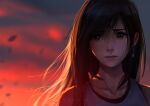  1girl absurdres bare_shoulders black_hair collarbone earrings final_fantasy final_fantasy_vii final_fantasy_vii_remake floating_hair hair_flowing_over highres jewelry lips long_hair outdoors red_eyes red_lips safaiaart solo sunset tank_top tifa_lockhart upper_body white_tank_top 