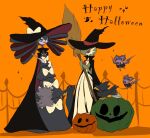  black_headwear bright_pupils broom closed_mouth commentary_request espurr fence gardevoir gothitelle green_eyes halloween happy_halloween hat hatted_pokemon holding holding_wand murkrow noibat oimo_kenpi orange_background pokemon red_eyes smile sparkle standing umbreon wand white_pupils witch_hat 