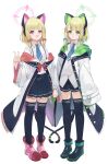  2girls :d absurdres animal_ears bangs blonde_hair blue_archive blunt_bangs cat_ears cat_tail collared_shirt commentary_request fake_animal_ears full_body green_eyes halo headphones highres holding_hands hooded_coat long_sleeves looking_at_viewer midori_(blue_archive) mimizuku_(mmiganaru) momoi_(blue_archive) multiple_girls necktie parted_bangs pleated_skirt school_uniform shirt short_hair short_shorts shorts siblings sidelocks simple_background skirt smile standing suspender_skirt suspenders tail twins v violet_eyes white_background zettai_ryouiki 