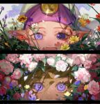  1boy 1girl bangs bird blonde_hair blue_flower close-up fang field flower flower_field hair_between_eyes hat highres link looking_at_another looking_at_viewer mob_cap octahooves open_mouth outdoors parted_bangs pink_flower pink_rose pointy_ears princess_zelda rose smile sparkle the_legend_of_zelda the_legend_of_zelda:_ocarina_of_time violet_eyes wet white_flower yellow_flower 