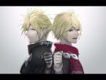  2boys ahoge armor back-to-back bangs black_gloves black_shirt blonde_hair blue_eyes closed_mouth cloud_strife crossed_bangs earrings final_fantasy final_fantasy_vii final_fantasy_vii_advent_children gloves grey_background hair_between_eyes high_collar jewelry letterboxed looking_at_viewer male_focus multiple_boys open_mouth red_vest rei_(teponea121) shirt short_hair shoulder_armor shulk_(xenoblade) single_earring smile spiky_hair vest xenoblade_chronicles_(series) xenoblade_chronicles_1 