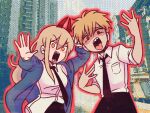  1boy 1girl black_necktie blonde_hair blue_jacket chainsaw_man city collared_shirt denji_(chainsaw_man) horns jacket long_hair necktie omori open_mouth orange_eyes osulan outline outstretched_arm parody pixelated power_(chainsaw_man) red_horns red_outline redhead sharp_teeth shirt shirt_half_tucked_in short_hair spiky_hair style_parody teeth tongue tongue_out white_shirt 