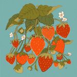  blue_background commentary english_commentary flower food food_focus fruit highres leaf libbyframe no_humans original plant signature simple_background still_life strawberry white_flower 