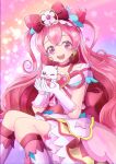  1girl 1other absurdres boots brooch choker cone_hair_bun cure_precious delicious_party_precure earrings fox gloves gradient gradient_background hair_bun heart_brooch highres huge_bow jewelry kome-kome_(precure) long_hair looking_at_viewer magical_girl nagomi_yui open_mouth pink_background pink_choker pink_eyes pink_hair precure sakihi sitting triple_bun very_long_hair 