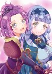  2girls :d bernadetta_von_varley blue_dress blue_hair blush breasts brooch cut_bangs dress fire_emblem fire_emblem:_three_houses fire_emblem_warriors:_three_hopes frilled_sleeves frills gloves hair_tie hug hug_from_behind jewelry lace-trimmed_hairband lace_trim large_breasts leather leather_gloves lips looking_at_viewer marianne_von_edmund multiple_girls open_mouth purple_dress purple_hair red_eyes rein_rise smile topknot violet_eyes 