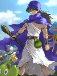  1boy belt black_hair blue_sky bracelet cape closed_mouth clouds cloudy_sky dragon_quest dragon_quest_v hero_(dq5) hoimi_slime holding holding_shield holding_staff holding_sword holding_weapon jewelry knight long_hair low_ponytail monster o_tomo serious shield sitting sky slime_(creature) slime_knight staff standing sword turban weapon 