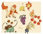  :d adapted_costume alternate_color animal_focus autumn autumn_leaves border bug bulbasaur cherubi chestnut chinese_lantern_(plant) comfey commentary falling_leaves food fruit ginkgo_leaf grapes leaf leafeon looking_at_viewer maple_leaf oddish oimo_kenpi pokemon pokemon_(creature) sewaddle simple_background smile wheat 